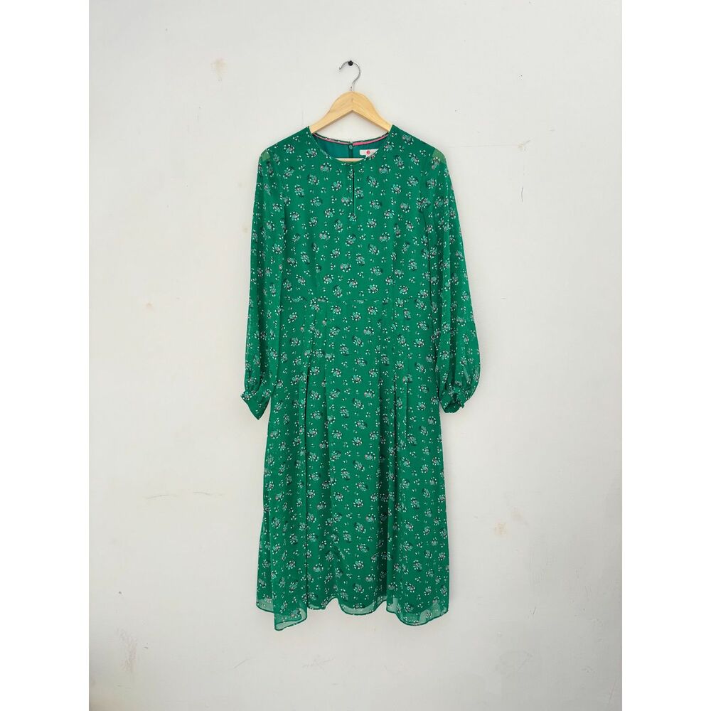 Boden Green Floral Midi Dress Size US 8R Long Sleeve Chiffon